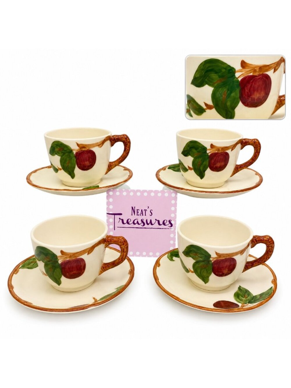 Vintage Franciscan APPLE California Earthenware 8oz Cups Mugs & Saucers Set 4
